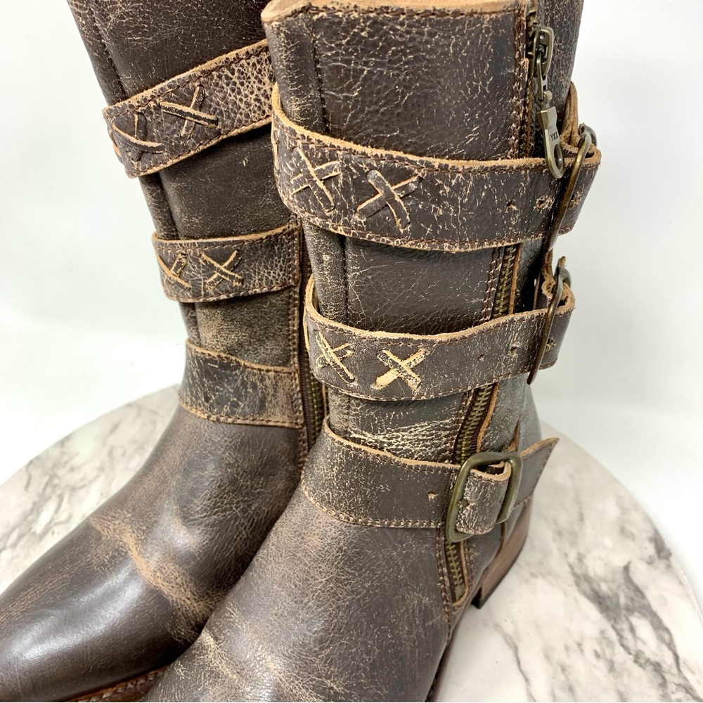 Bed Stu Blanchett Braid Buckle Strap Mid Calf Leather Boots 7 Bohemian Moto Boho - Picture 15 of 16